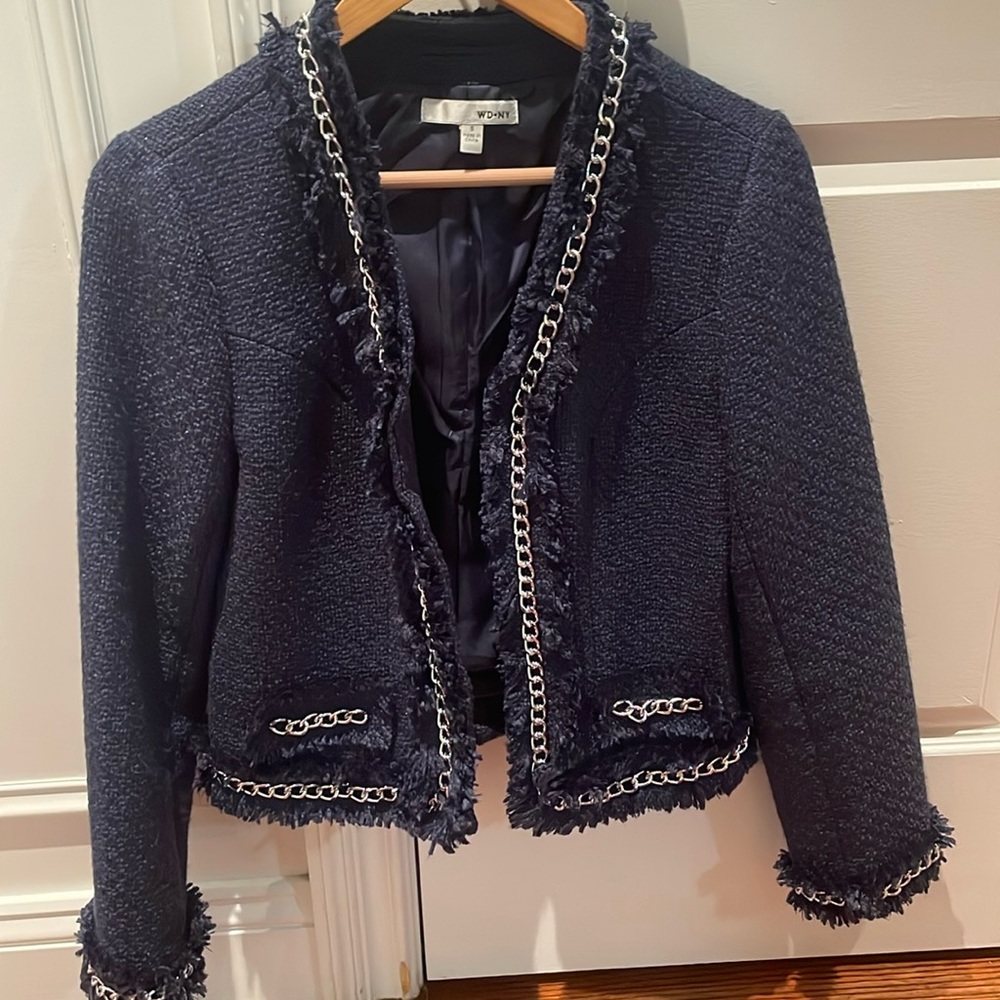 WD.NY Navy Tweed Chain-Trim Cropped Blazer
